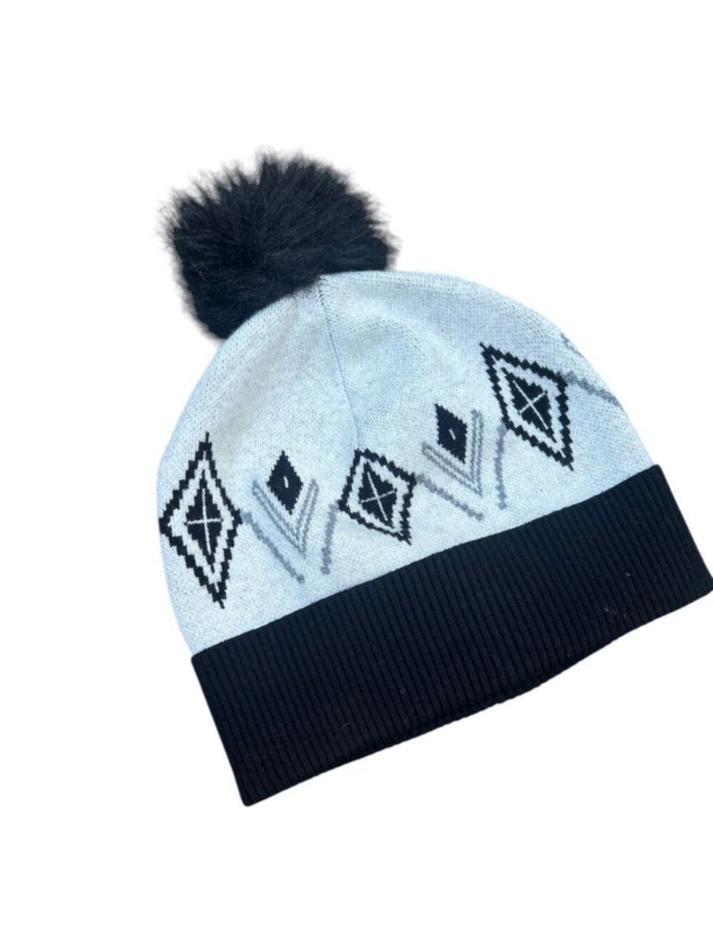 Tahari Winter Beanie with Pom Pom Diamond Motif